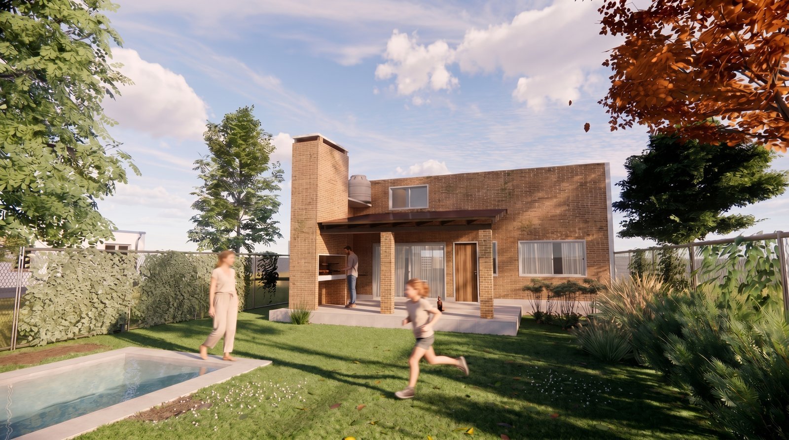 Vivienda Unifamiliar Funes Norte · render exterior con piscina